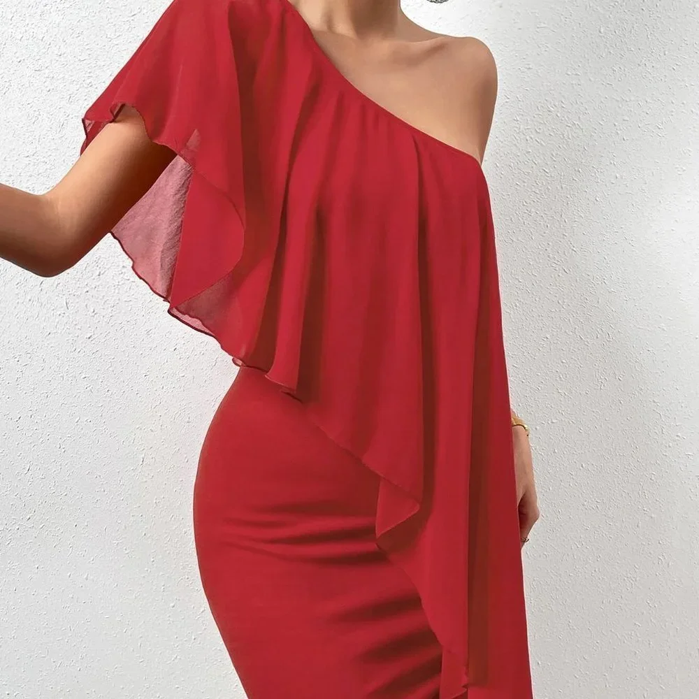 One Shoulder Exaggerated Ruffle Bodycon Dress - Picture 2 of 5